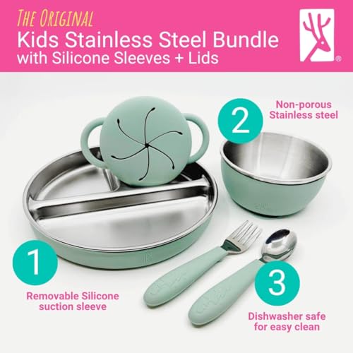 Image of Elk and Friends Kids Stainless Steel Mealtime Bundle | Plates, Bowls, Snack Cups + Toddler Utensils | Silicone Suction Sleeves + Travel Storage Lids | For Meals + Snacks | Dishwasher Safe