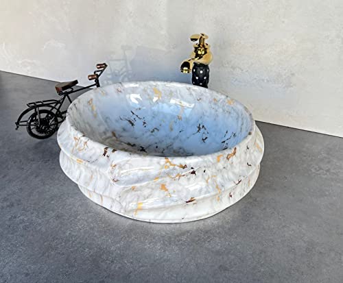 Image of Designer Glossy Finish Ceramic Art Table Top Wash Basin For Bathroom | Collapsible Countertop Washbasin (Black White Glossy Art, 16 x 13 x 6 Inch)