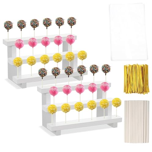 2 Pcs 3-Tier 18 Holes Lollipop Holder with Wooden Stand, Halloween Lollipop Stand Display, Lollipop Holder Stand – Includes 100 Lollipop Sticks, 100 Treat Bags, and 100 Twist Ties
