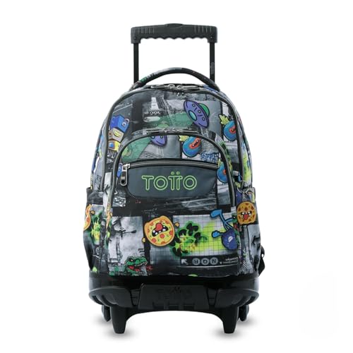 TOTTO - Mochila Escolar con Ruedas, Modelo Renglones, Capacidad 26,21 Litros, Bolsillo para PC 14', Bolsillo Botella, Correas en S para Mayor Comodidad, Resistente, Estampado Rolly Negro