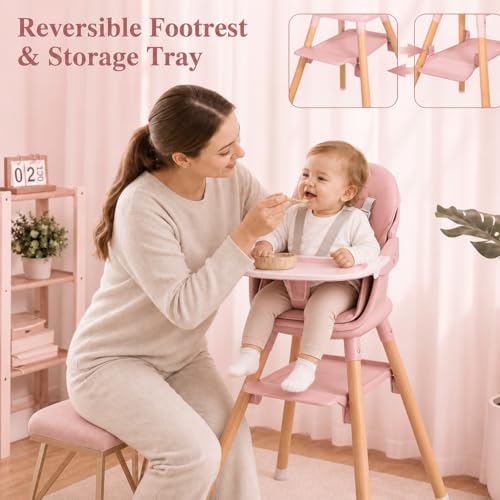 Image of Baby Girl High Chair, 6 in 1 Wooden Convertible High Chairs for Babies and Toddlers, Booster Seat with Double Tray & Reversible Footrest Baby Highchair, 5-Point Harness Baby Feeding Chair, Pink