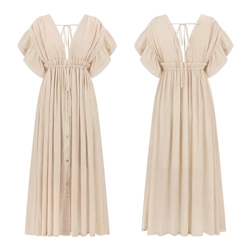 Image of R.Vivimos Maxi Dresses for Women 2026 Summer Short Sleeve V Neck Drawstring Tie Boho Loose Flowy Long Dresses with Pockets