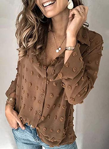 Astylish Womens Lightweight Collared V Neck Shirts Solid Roll Up Sleeve Button Down Pompom Blouse Tops Brown Medium #TOP1
