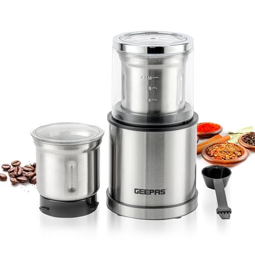 Geepas 200W Electric Coffee Grinder & Food Processor Wet & Dry Grinding | Stainless Steel Blades & Housing 75g Detachable Bowl for Coffee Spices Nuts & Chutney | Powerful & Compact Grinder Silver