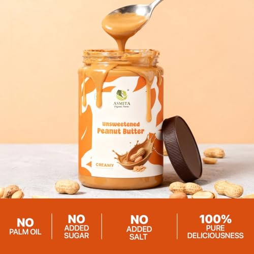 Image of Asmita Organic Farms Creamy Peanut Butter Unsweetened 900g | Made with Roasted Peanuts | No Added Sugars or Salt | High Protein Spread | Cholesterol & Trans Fat Free | Healthy Breakfast Spread