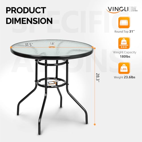 Image of VINGLI Round Patio Table with Umbrella Hole, 32 inch Outdoor Dining Table Steel Tempered Glass Patio Tables Round Outdoor Tables for Balcony Garden Deck