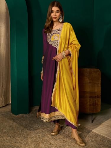 Image of Naixa Women's Vichitra Silk Embroidered A-Line Kurta with Pant | Yellow Vichitra Silk Laced Dupatta Set | 3 /4 Sleeve | Round Neck | Festive | Haldi Wear (Available in Plus Size)