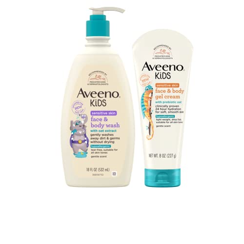 Image of Aveeno Kids Sensitive Skin Face & Body Wash With Oat Extract, 18 fl. Oz with Aveeno Sensitive Skin Face & Body Gel Cream for Kids with Prebiotic Oat, 8 oz