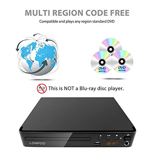 Region Free DVD Player for TV, LONPOO Compact DVD CD Player with HDMI & AV Output, HD 1080P Supported, Built-in PAL / NTSC, MIC Input, USB Input, Remote Control - Thumbnail 5