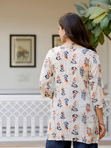 Image of Women's Floral Leaf Print Tunic Top, Beige, Rayon Blend, 3 /4 Sleeve, Notch Neck, Regular Fit, Casual Wear