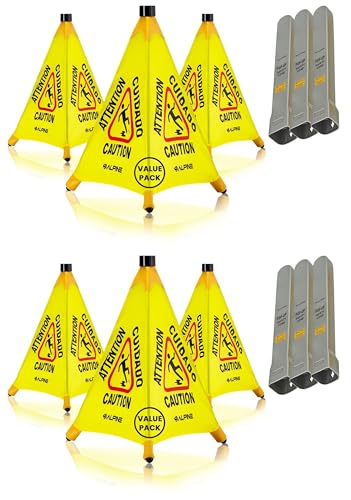 Image of Alpine Caution Wet Floor Sign 6 Pack - Pop Up Slippery When Wet Sign, Wall Mounted Foldable Bilingual Yellow Safety Warning Caution Cone for Commercial & Office Use (20 Inches)