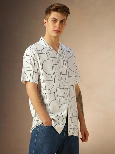 Image of Dennis Lingo Men Blue Printed Viscose Relaxed Fit Half Sleeve Shirts