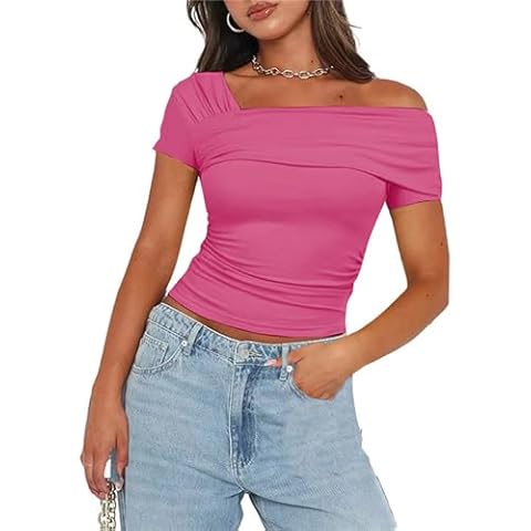 Women's One Off The Shoulder Top - Short Sleeve Ruched Going Out Crop Top Slim Fit Y2K T Shirt Rose Pink L Cover