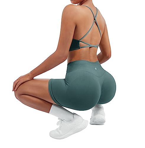 Image of SUUKSESS Women Seamless Workout Sets Strappy Sports Bra High Waist Booty Shorts Outfits