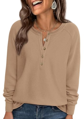 Image of PRETTYGARDEN Women's Long Sleeve Waffle Knit Henley Shirts Loose Tunic Tops