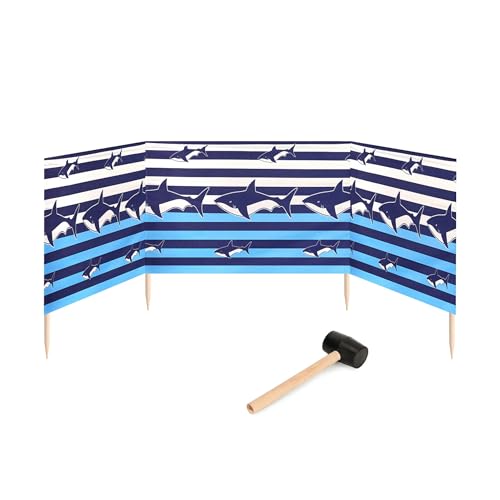 Garronda Paravento da Spiaggia, Protezione dal Vento, Protezione Privacy, Spiaggia, Giardino, paravento + Martello di Gomma GAEX001 (Strisce/Squalo, 4 m)