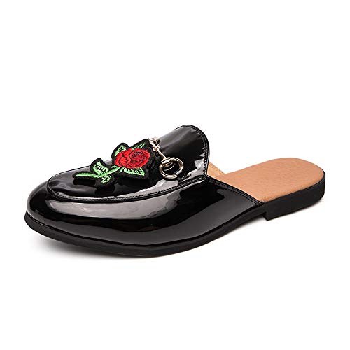 Uiophjkl-Men slipper Sandalias Planas Mocasines Sandalias Slip On Microfibra Estilo Zapatillas con Hebilla y decoración de Flores para Hombres (Color : Negro, tamaño : 43 EU)
