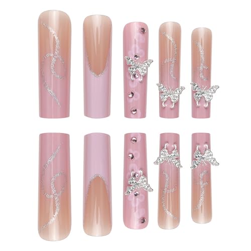Dzpguoniz 24Pcs Long Square Press On Nails Pink French Tip Fake Nails Silver Rhinestones With Flower Full Cover Tips Glue On Nails Artificial Acrylic False Nails Butterfly Charms Design For Women Nails Designs thumb #3
