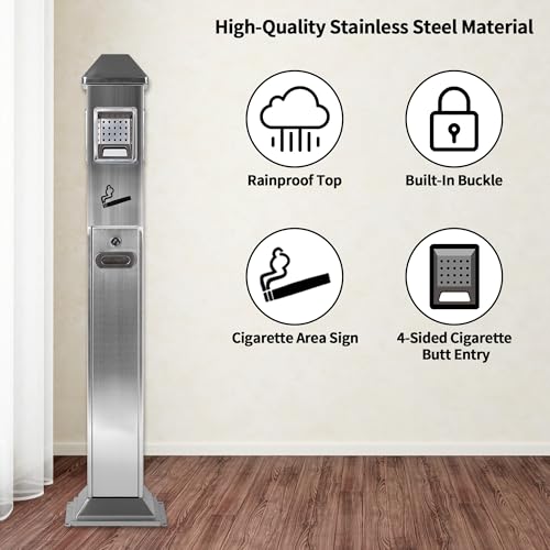 Image of lukar Commercial Trash Receptacle Outdoor Metal Trash Can Heavy Duty Standing Ash Bin for Patios Gardens Hotels Pubs Offices (Silver)