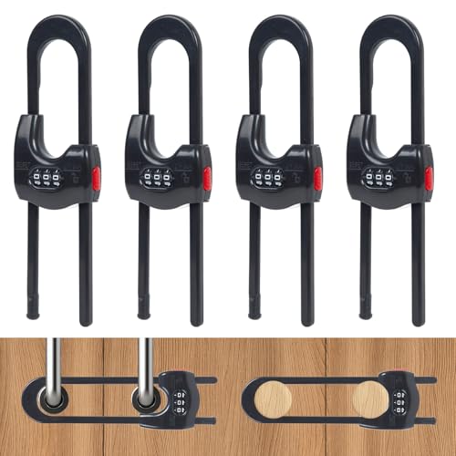 4 Pack Cabinet Locks Baby Proofing Upgrade Child Proof Cabinet Lock Adjustable U-Shaped Code Locks Sliding Cabinet Door Lock Latches Set for Cupboard Knob Handle Drawers Closet (Black)