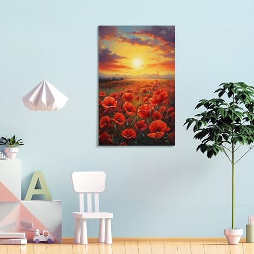 Tableau fleurs rustiques abstraites sur toile encadrée coquelicots sauvages