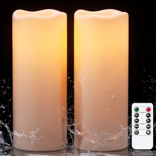KunSwenn Outdoor Candles Waterproof with Remote Timer, 10” x 4” Large Battery Operated Candles, LED Pillar Flameless Outdoor Candle for Lartern Porch Patio Decor (Set of 2)