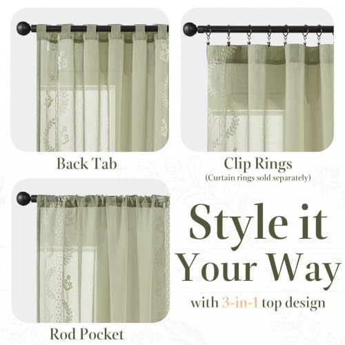Image of jinchan Floral Sheer Curtains, Back Tab 50x63 Inch, 2 Panels Green