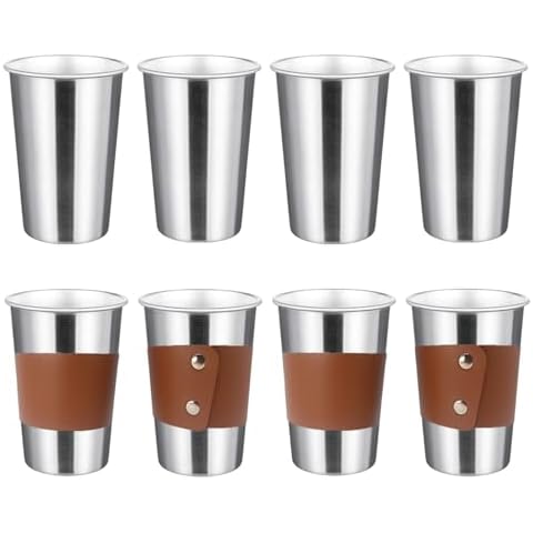 8 Pack 16oz Pint Cups with 4 Cup Sleeves, Stainless Steel Cups, Stackable Metal Cup Tumbler, Premium Metal Drinking Glasses for Cold Drinks, Chilling Beer Glasses for Party Camping (8 PCS, Silver) Cover