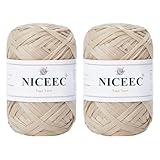 NICEEC 2 Skeins Soft Tape Yarn for Crocheting Craft Paper Yarn Easy Crochet Raffia Yarn Ribbon Yarn for DIY Craft Gift Wrapping Total Length 1.76oz×2/109yds×2-Milk Tea