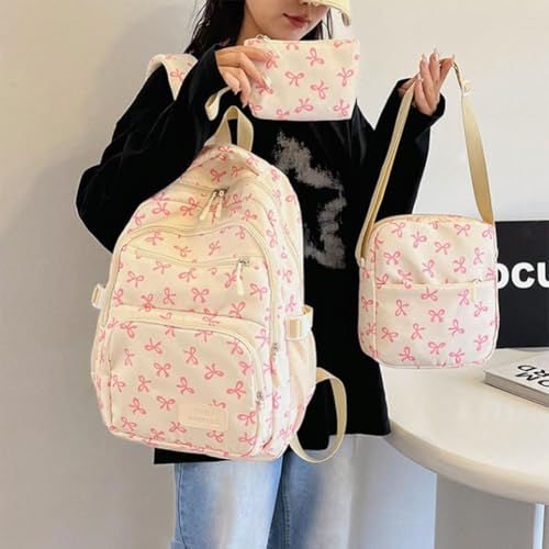 Bow Backpack For Girls, 2025 New 3pcs Set Aesthetic Daypack Bow Rucksack, Lightweight Backpack Set Large Capacity (A)2