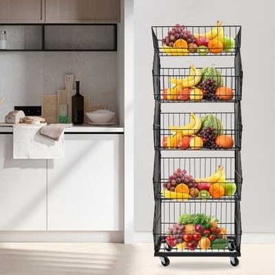 5 Tier Retail Display Rack, 44LBS Capacity Per Tier Slanted Basket Merchandise Rack with 4 Wheels, Metal Wire Display Shelf Cart for Store Home Kitchen