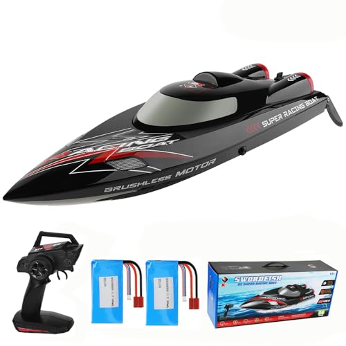 JIKEFUN WL916 RC Boat 2.4Ghz 55KM-H Brushless High Speed Racing Ship 2200mAh Remote Control Speedboat Toys for Adults, Black with 2 Batteries
