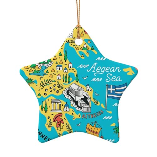 Mapa de Grecia con estampado del mar Egeo, regalo de decoración de cerámica de Navidad, adorno único en forma de corazón para decoración navideña