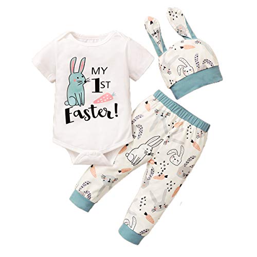 Infant Baby Boy Girl Easter Outfits My First Easter Romper Top + Bunny Pants + Rabbit Ears Hat Summer Clothes 3PCS (Blue, 6-9 Months)