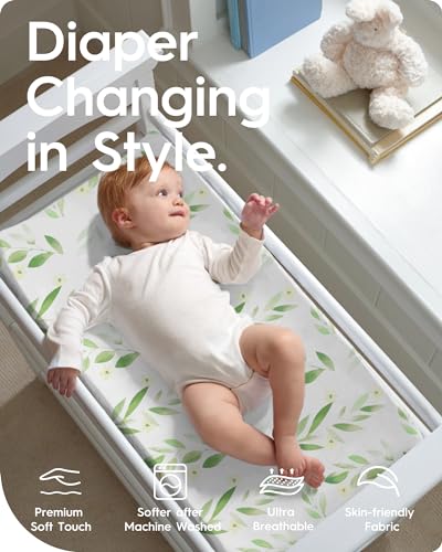Image of Changing Pad Cover for Girls Boys, TotBasic Premium Soft Boho Changing Table Covers, Stretchy Jersey Changing Table Sheets - Fits All Standard Changing Tables - 2 Pack (Sage Green&Botanical Leaf)