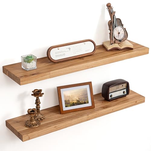 Image of Floating Shelves for Wall Decor, 8 inch Deep Rustic Solid Elm Wood Floating Shelves Wall Mounted, Wall Shelves with Invisible Bracket for Living Room Bathroom Bedroom Kitchen, 32 Inch Set of 2, Natural