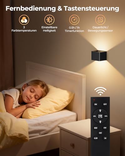 VIWAVE 2 Stück Akku Wandleuchte Innen mit Bewegungsmelder & Fernbedienung,3 Farben LED Wandleuchte Ohne Stromanschluss,Kabellose Wandlampe Innen Batterie mit Schalter,Wandlampe Akku Schwarz Dimmbar