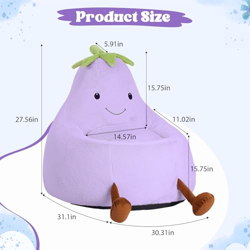Image of 31 Inches Memory Foam Bean Bag Chair - Ultra Soft Faux Rabbit Fur Round Sofa with Handle & Machine Washable Cover, Eggplant-Shaped Kids Reading Chair for Bedroom, Living Room and Playroom, Purple