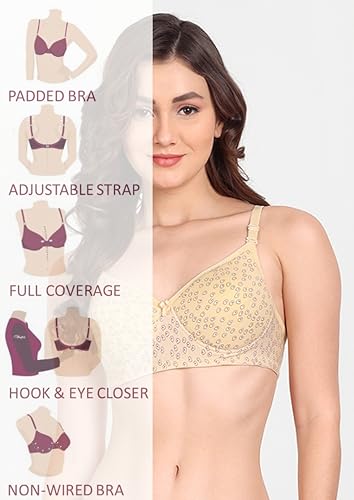Image of Women Flower Printed Padded Bra - Made of Pure Cotton Full Coverage Non Wired Soft Cup for T-Shirt Saree Dress for Everyday