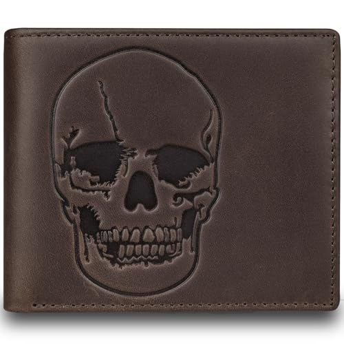 Image of DK86 Mens Wallet USA Flag Bifold Wallet for Men RFID Blocking Extra Capacity Multiple Card Slots with 2 ID Windows (vintage coffee with skull)