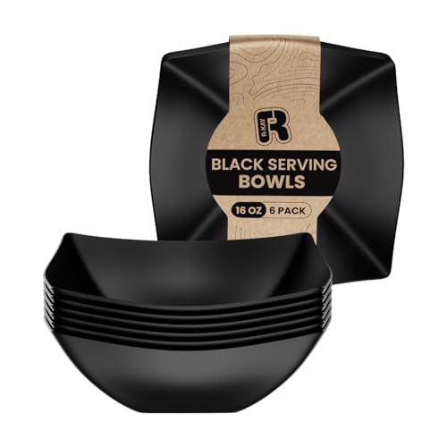 R-kay 6 Pack Black Square Plastic Serving Bowls - Black Plastic bowls 16 Oz - Disposable Serving Bowls - Premium Bowls Disposable Heavy Duty For Weddings Catering And Birthday parties