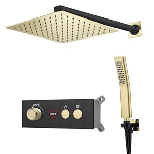 Shower Faucet Set Black and Brushed Gold Shower System Digital Display Rainfall Shower System Thermostatic Shower Complete Combo Set with 10 Inch Square Shower Head, Handheld Shower Head