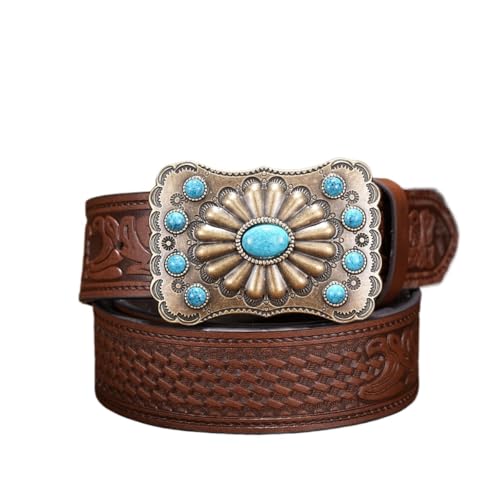 Ceinture turquoise western en cuir PU embossé avec boucle soleil élégante