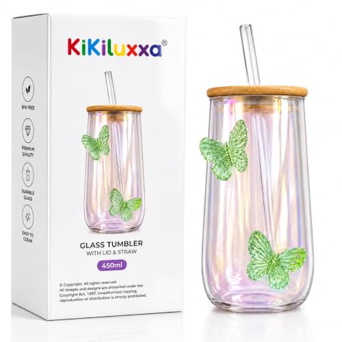 Image of KiKiluxxa 450ml Iridescent Glass Tumbler with Lid & Glass Straw | Premium Borosilicate Drinking Glass | Butterfly Design Cold Coffee Cup (Sage Glow Green)