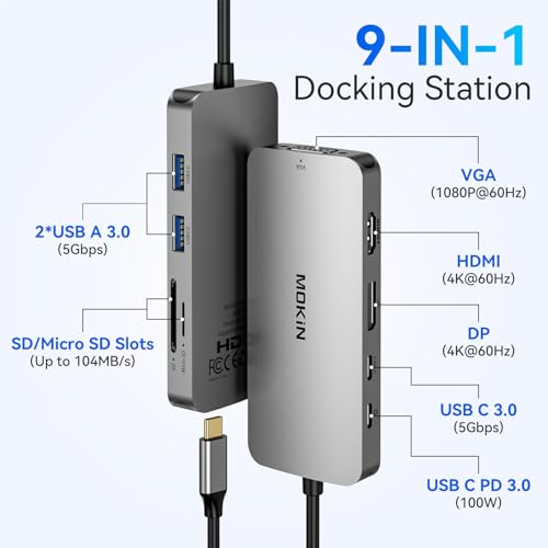 Image of MOKiN USB C Multiport Adapter for MacBook Air /Pro, Mac Dongle, 9 in 1 USBC to DP Adapter, USB A&C3.0 5Gbps, SD /microSD Card Reader, 100W PD, USB C Hub for Dell, Lenovo, HP, etc.