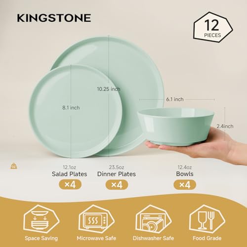 Image of KINGSTONE 12-Piece Bone China Dinnerware Sets, Mint Green | Lightweight Plates & Bowls Set | Straight Rim Bowl Dinner Set | Scratch Resistant | Microwave & Dishwasher Safe | Serves 4