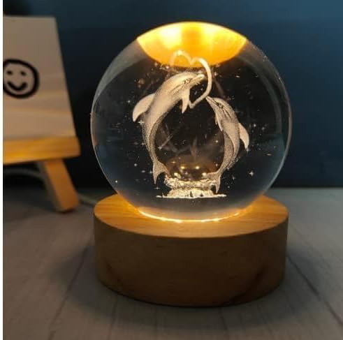 WOX MOX 3D Crystal Ball Night Light for Kids with USB Cable Colorful LED Wooden Light Base, Birthday Gift for Boys and Girls K9 Clear Crystal Ball for Home Decoration (Dolphin)