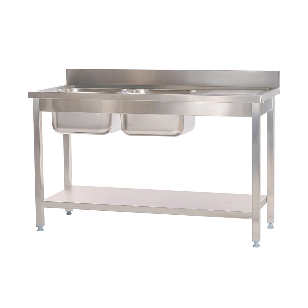 Cleiton® Fregadero de Acero Inoxidable de 2 Senos con Escurridor Derecha 1400x700x850 mm Desmontable | Pica Industrial con patas | Pila Lavadero