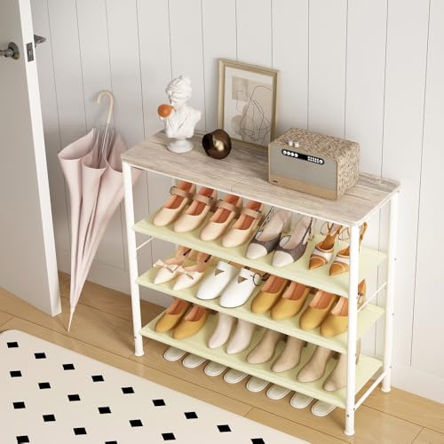 Image of INGIORDAR Shoe Rack Organizer 5 Tier Metal Organizer Shelf with Industrial MDF Board and Layer Fabric for Entryway Closet Bedroom Living Room Garage (White, 4 Tier)