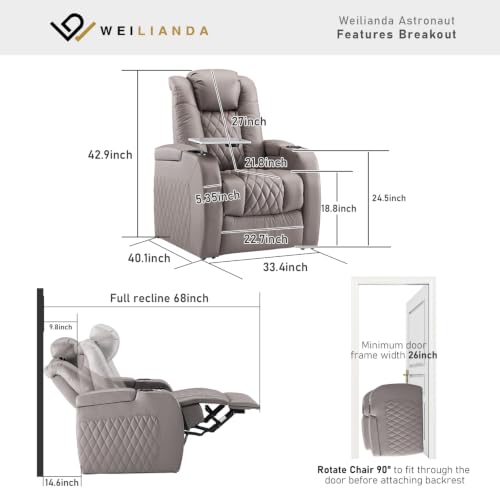 Image of Weilianda Home Theater Seating, Top Grain Leather Movie Theater Chair | Grey Row of 1, Zero Gravity, Power Headrest, Tray Table, Electric Reclining Seat for Media Room